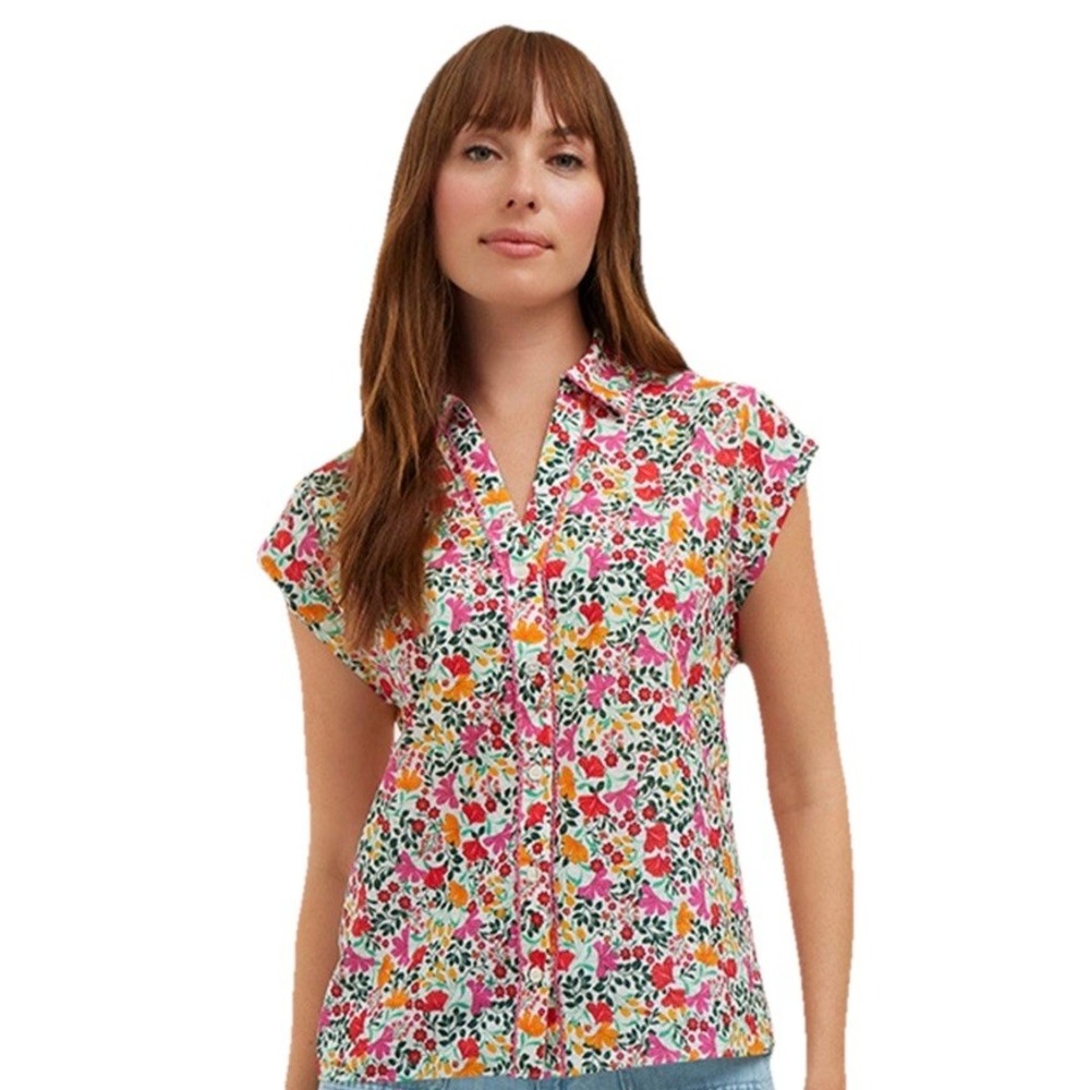 Draper James Sadie Top in Coneflowers Size‎ L Cap Sleeve 100% Cotton Button